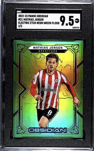 2022-23 PANINI OBSIDIAN #21 MATHIAS JENSEN ELECTRIC ETCH NEON GREEN FLOOD 3/3 - Picture 1 of 2