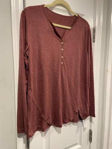NWT Cupshe Size M Burgundy V Neck Long Sleeve Henley Tee Shirt Scalloped Hem - Picture 5 of 13