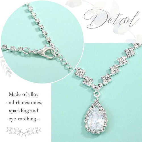 Silver Bridal Crystal Necklace Earrings Set Rhinestone Choker for Women - Afbeelding 6 van 8