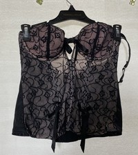 Black Lace Overlay Pink Bust Underwire Bows Stretch Corset Top Sz M Whimsy Goth