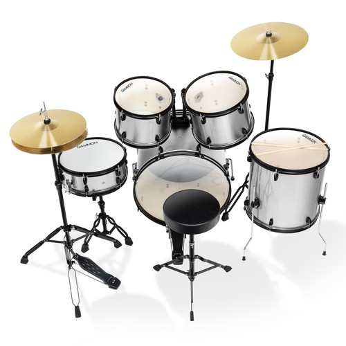 OPEN BOX - 5 PC Adult Drum Set - Silver, Percussion Kit w Stool & Stands - Picture 4 of 7