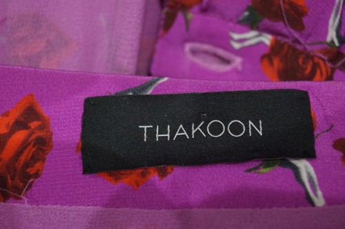 THAKOON Pink Silk Floral Rose Print Short Batwing Sleeve Belted Pleated Dress 6  - Picture 7 of 7