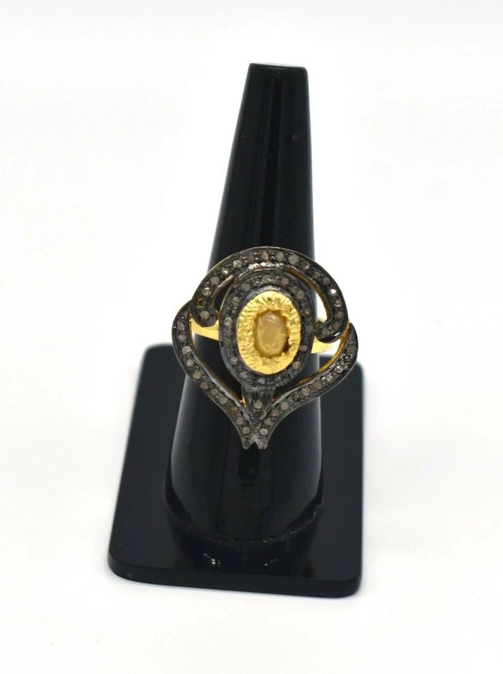 Pavé de Diamante Amarillo Zafiro Ovalado Piedra Preciosa 925 Plata Ley Mujer Aro - Imagen 2 de 4