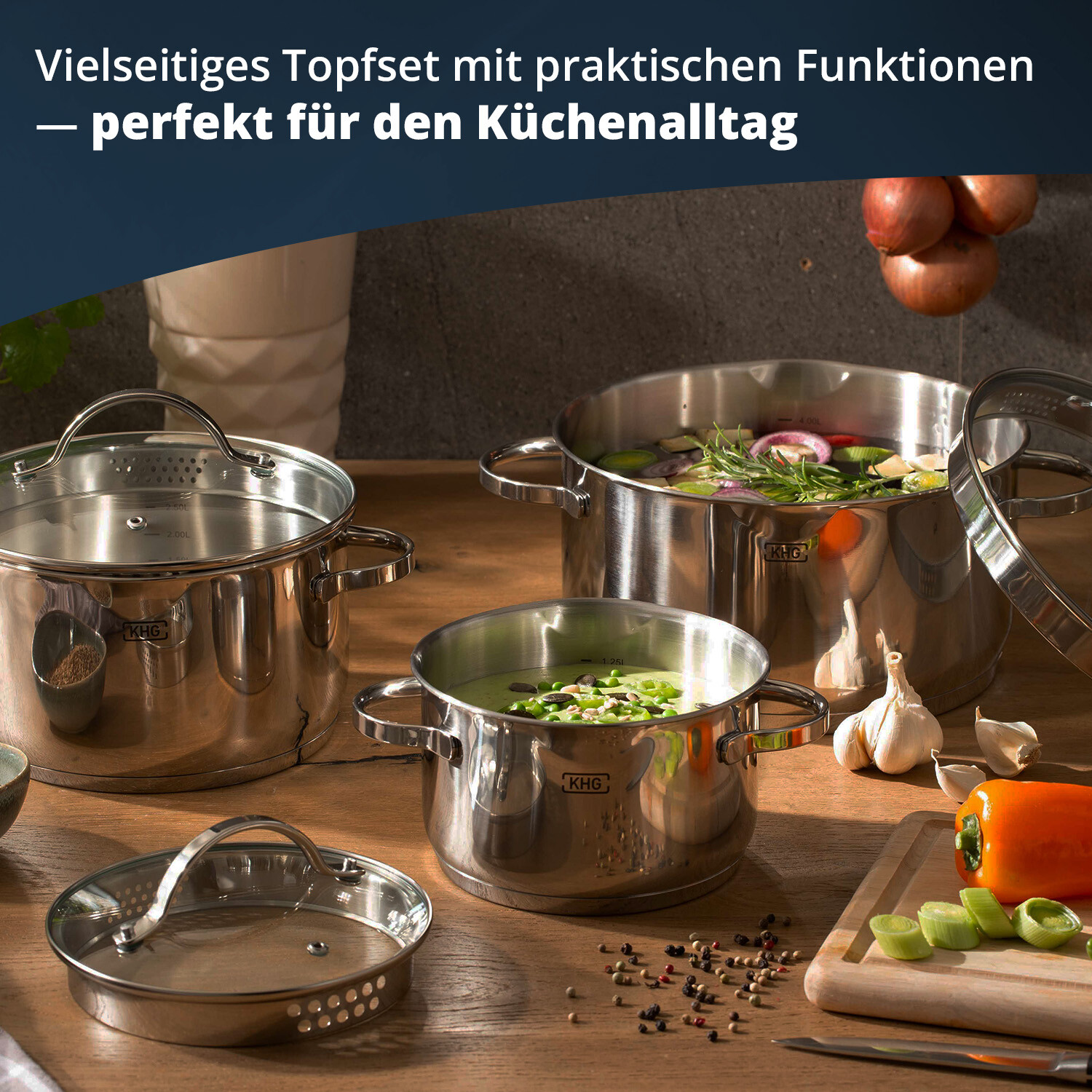 Kochtopf Topfset 3-tlg. 16 20 24 cm Edelstahl Induktion Ausguss Glasdeckel KHG