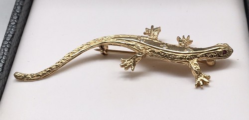 Estate 14k Gold Lizard w/ Diamond & Ruby Eyes Gold Brooch Reptile Pin 4.9 Grams - Picture 2 of 6