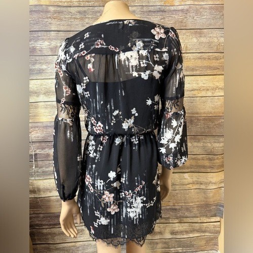 White House Black Market Floral Boho Dress w Lace Trim size 0 Long Sleeve Sheer - Picture 7 of 10