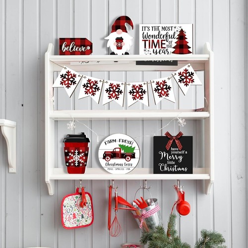 Festive 12 Pcs Christmas Tiered Tray Decorations Set Christmas Wooden Signs Tier - Picture 7 of 11