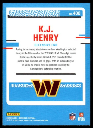 K.J. Henry RC 2023 Donruss #400 NFL Commanders Rated Rookie ID:89300 - Picture 2 of 2