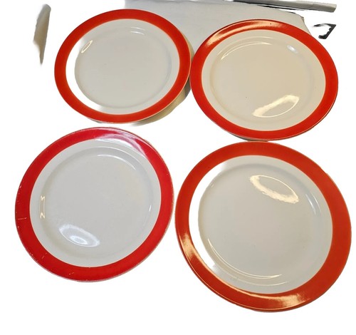 Vtg Universal Camwood Ivory Empress Set of 5 Dinner Plates Red Rim Band 2 Sizes - Picture 2 of 18