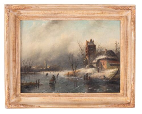 Dutch School Original Oil Painting 19 century Signed Stahle ? Ice Skating - Picture 2 of 11