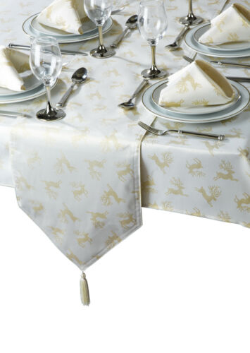 Luxury Christmas Reindeer Stag - Cream & Gold Sparkle Jacquard Tablecloth - Picture 2 of 7