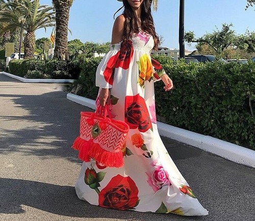 Women's Off Shoulder backless Floral Printed Casual Long Swing Maxi Dresses - Picture 3 of 9