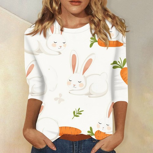 3/4 Sleeve Top Women's T-shirt Casual Easter Print Top T-shirt Crew-neck Jumper - Picture 52 of 57