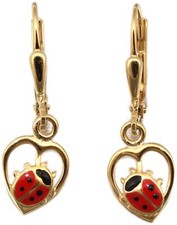 Earrings Ladybug Heart Gold 333 Children's Earrings Dangle Yellow Gold