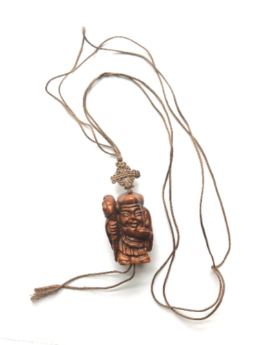 Largo Asiático Tallado Madera Buda Colgante sobre Cuerda de Seda Anudada con Borlas - Imagen 3 de 11