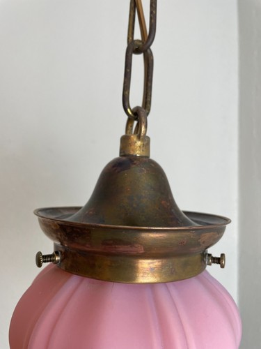 1910-20s brass pendant fixture with art glass gas shade - Picture 7 of 15