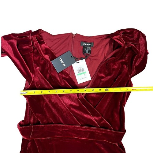 DKNY Women's Red Velvet Flutter Sleeve Surplice Neck Midi Faux Wrap Dress - 8 - Picture 5 of 9
