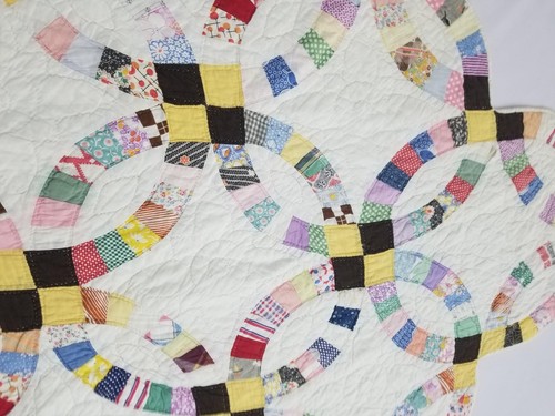 Vintage Feed Sack Handmade Double Wedding Ring Quilt 212x190cm / 83x74 inches - Picture 13 of 18
