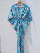 Women Cotton Aqua Summer Sleepwear Beach Cover Floral Print Long Caftan Dress