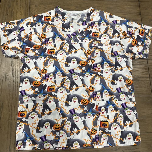 Women's Peaches Scrub Top Happy Ghost cat Halloween Pockets *Measurements Sz L - Picture 2 of 13
