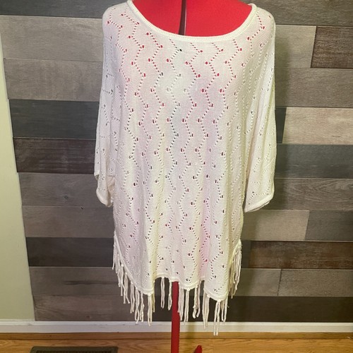NY Collection pointelle knit white dolman sweater tunic cover up fringe XL - Picture 7 of 8