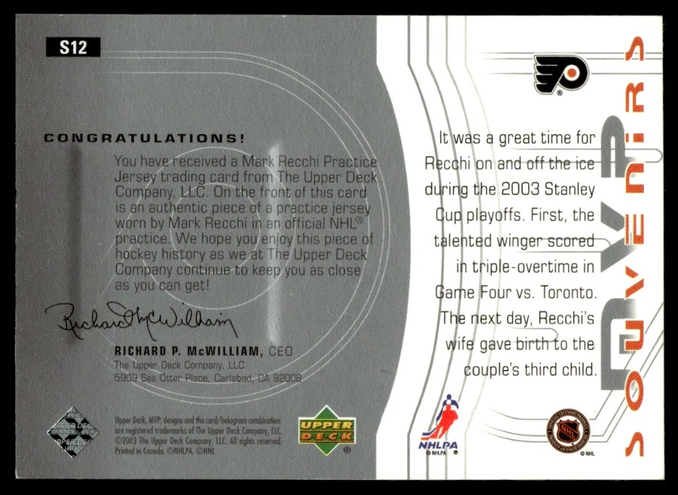 2003-04 Upper Deck MVP Souvenirs Mark Recchi Philadelphia Flyers #S12 - Image 2 of 2
