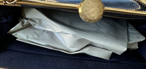 VINTAGE FRENCH MID-CENTURY MODERN COBLENTZ PERMA PLASTIC NAVY W/GOLD CLUTCH- 50s - Picture 10 of 16