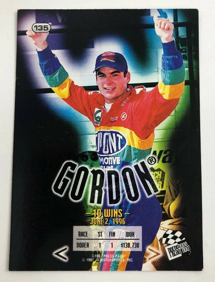 1997 Press Pass Jeff Gordon Trading Card NASCAR 10 Wins Card #135 - Image 2 of 3