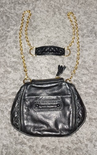 Vintage Y2k 2000er saftige Couture schwarze Leder-Schultertasche Geldbörse gold klein