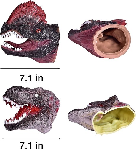 2 x Dinosaurier Handpuppen realistische Dino Köpfe Handschuh Spielzeug Set T-Rex Dilophosaurus - Bild 5 von 6
