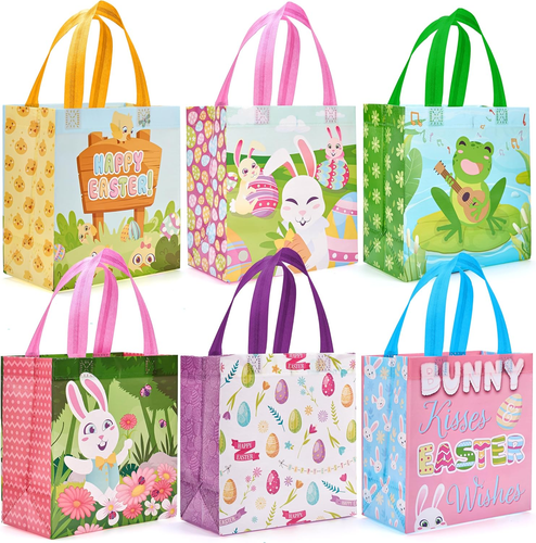 6 Pcs Easter Non-Woven Tote Bags with Handle, Happy Easter Egg Bunny Frog Chick - Picture 2 of 7