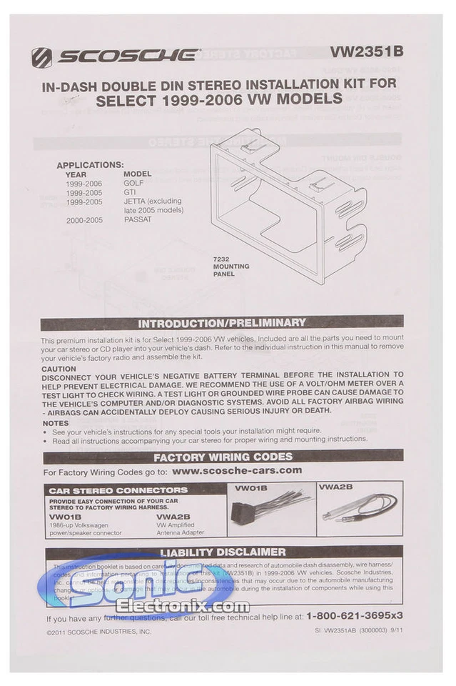 Kit de tablero doble DIN Scosche VW2351B para Volkwagen Golf/Gti/Jetta/Passat 1999-06 Foto 3 de 3