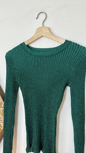 Milly Jade Green Metallic Glitter Long Sleeve Ribbed Sweater Sz.2 - Bild 2 von 8