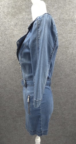 Vintage bebe Denim Mini Dress Womens 2 Full Zip Stretch 3/4 Sleeve Pockets Blue - Picture 5 of 12