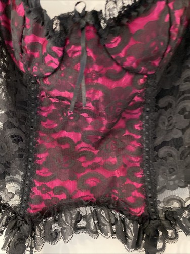Vintage Fredericks of Hollywood Black Lace Pink Corset USA Size 36 - Picture 7 of 21