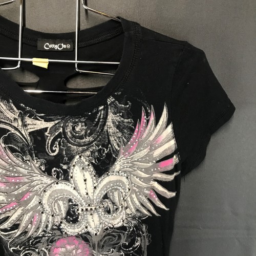 Cotty On Women's M Cross Wings Floral Bedazzled Shirt Cut Back Distressed Y2K - Picture 3 of 17