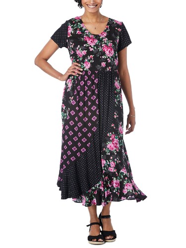 Vestido de mujer interior talla grande 16 20 34 38 negro floral escalonado ocasión fiesta - Imagen 9 de 10