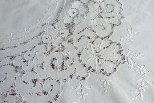 EXQUISITE ALTE HANDARBEIT TAFELTUCH HOHLSAUM PLATTSTICH SPITZE 160x145CM OVAL - Bild 6 von 6