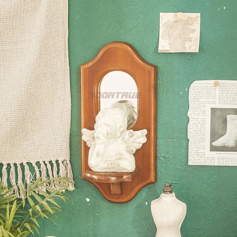 Vintage Wall Mirror with Shelf Solid Wood Aromatherapy Candlestick Holder - Image 2 of 4