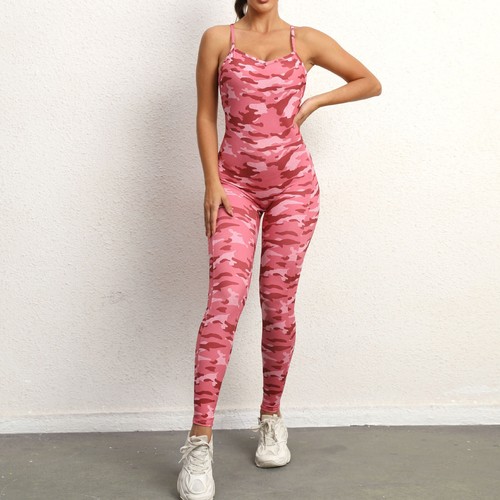 Women's Crisscross Backless Camo Bodycon Jumpsuits Long Pant GYM Romper Playsuit - Picture 43 of 45