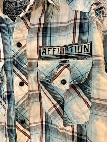 Affliction schwarz Premium blau kariert Langarm Perlen Druckknopf Hemd Größe Large - Bild 6 von 7