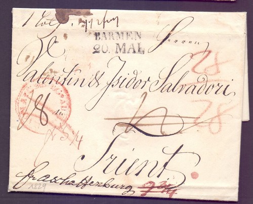 Vorphila Faltbrief 1829 mit Stempel BARMEN nach Trient mit Inhalt (696)