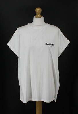 Balmain DAMEN-T-SHIRT MIT BEFLOCKTEM LOGO RUNDHALSAUSSCHNITT UK XL WEISS UVP 293 £ IM KARTON