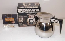 New!! Vtg BREWMATIC Stainless Steel COFFEE DECANTER Carafe & MEASURE CUP #DSS-12