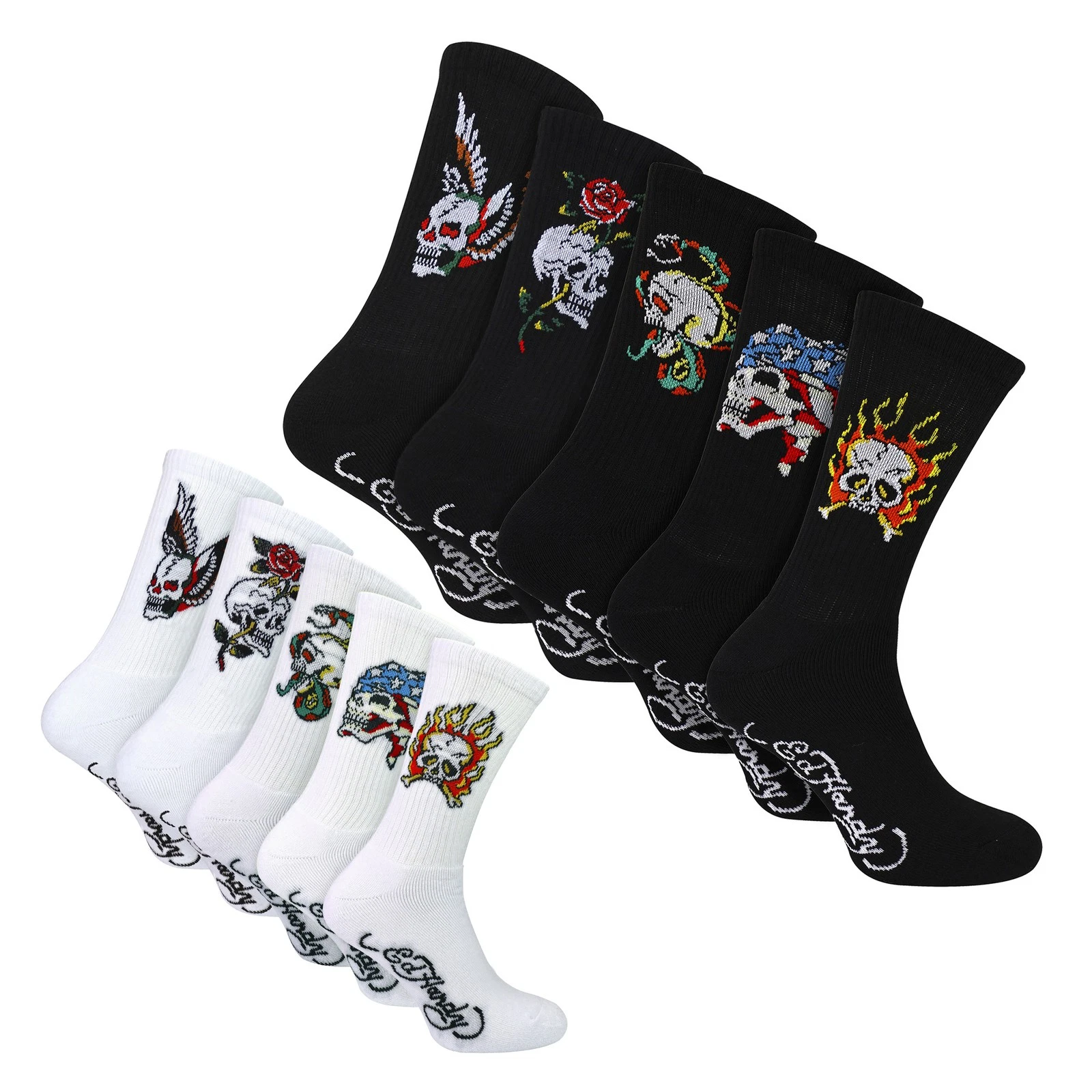 Ed Hardy - 5 Pack Mens Crew Socks Skull Pattern Soft Breathable Casual Socks