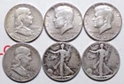 6pc Lot Kennedy Franklin Walking Liberty Half Dollar 90% Silver