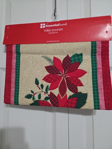 Christmas Table Runner 13x36" Size Essential Home New Poinsettia Print - Picture 1 of 4