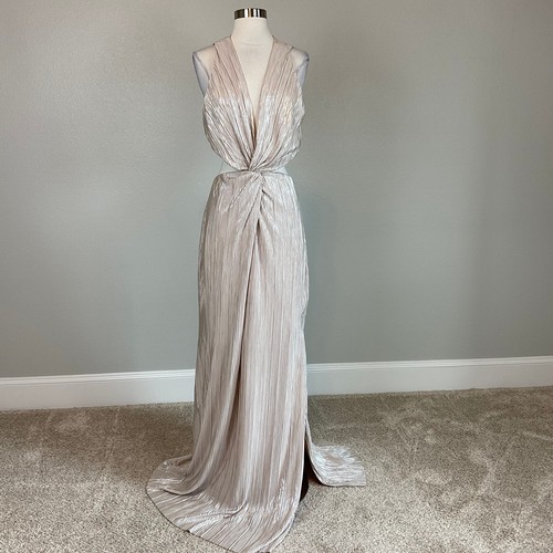 AQUA Women's Formal Dress Size 18 Gold Metallic Cut Out Thigh Slit Long Gown - Picture 3 of 9