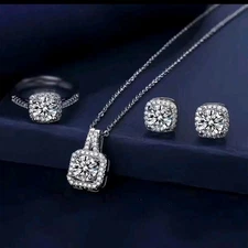 Square Silver Pave CZ Jewelry Set: Necklace & Earrings & Adjustable Ring