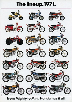 #ad 1971 HONDA LINE UP FULL LINE VINTAGE MOTORCYCLE POSTER 24 X 36 INCH Awesome $29.11